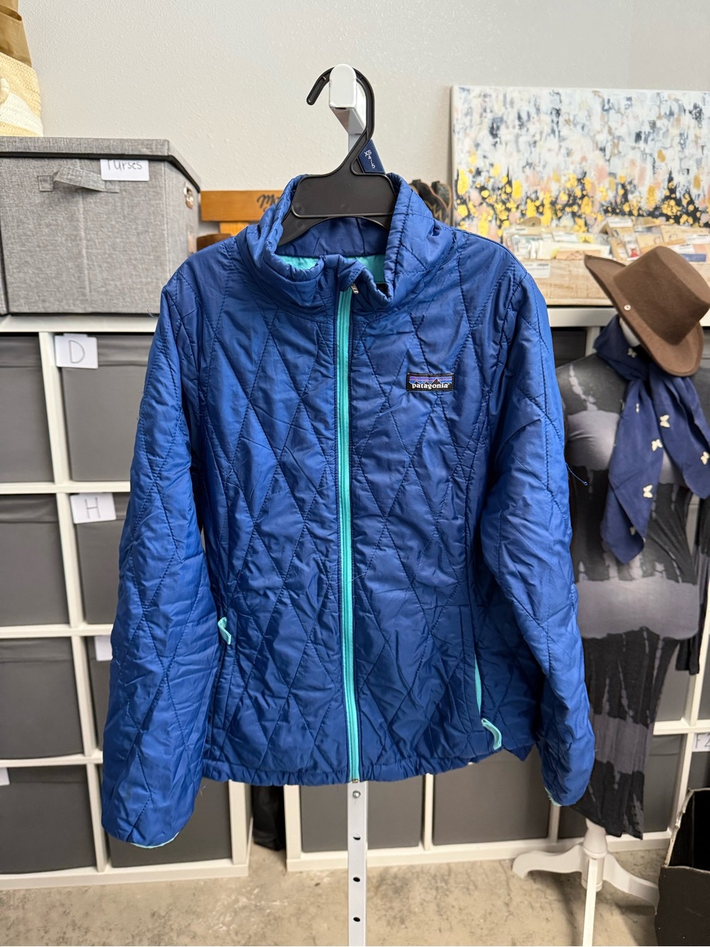 Patagonia Girls Nano Puff Blue Quilted Jacket with Aqua Zipper 10/Medium